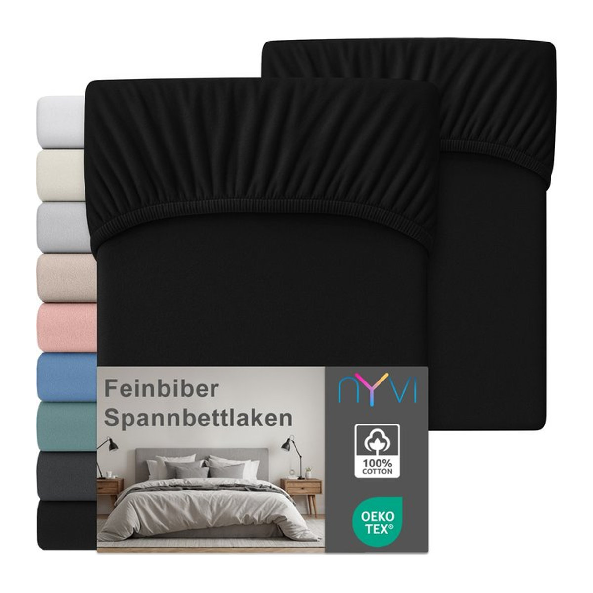 NYVI Feinbiber Spannbettlaken Deluxe 2er Set aus 100% Baumwolle, Schwarz, B/T/H: 100 x 200 x 25 cm - Bild 1