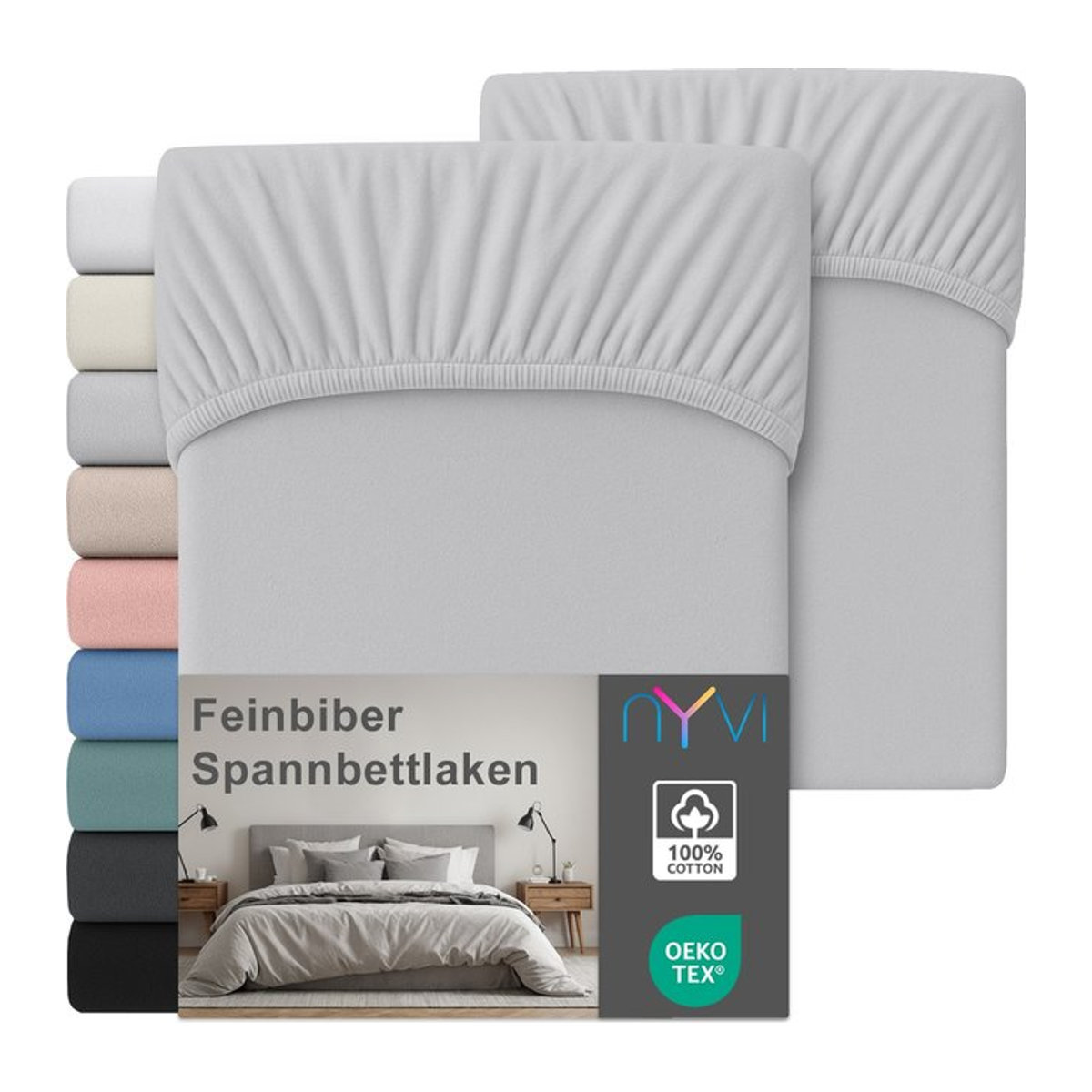 NYVI Feinbiber Spannbettlaken Deluxe 2er Set aus 100% Baumwolle, Silber, B/T: 180 x 200 cm - Bild 1