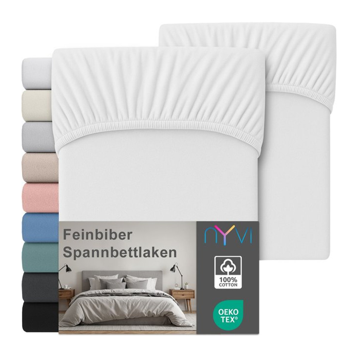 NYVI Feinbiber Spannbettlaken Deluxe 2er Set aus 100% Baumwolle, Weiß, B/T/H: 90 x 200 x 25 cm - Bild 1