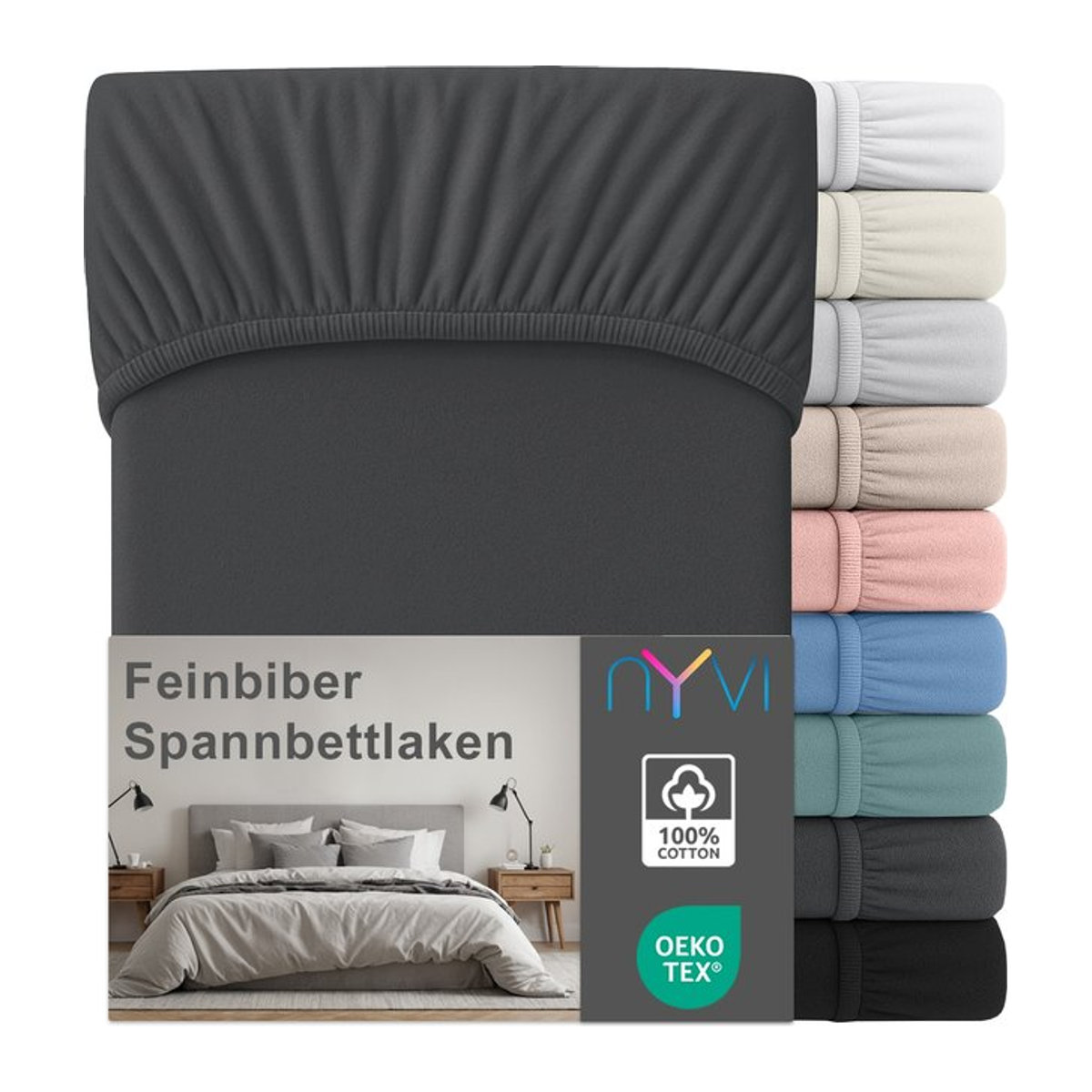 NYVI Feinbiber Spannbettlaken Deluxe aus 100% Baumwolle, extra warm und weich, bügelfrei, Anthrazit, B/T: 140 x 200 cm - Bild 1