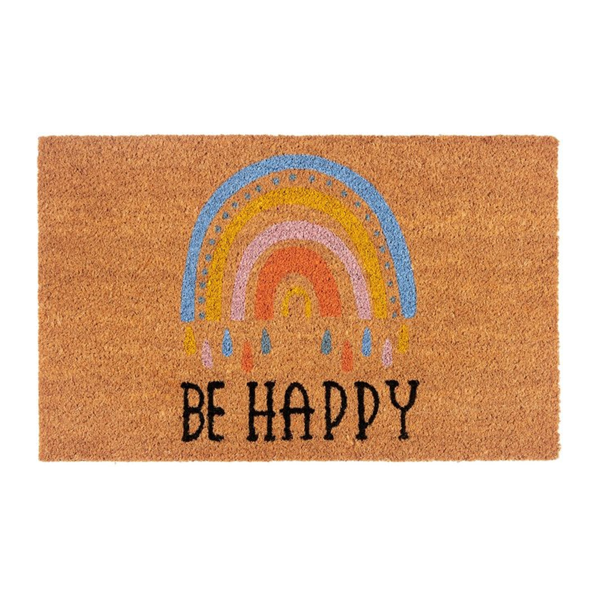 NYVI Fußmatte aus Kokos mit Be Happy Rainbow Motiv, mehrfarbig, rutschfest und wetterfest für Innen und Außen, B/T: 70 x 40 cm - Bild 1