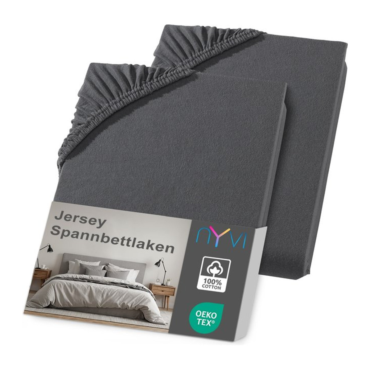NYVI Jersey Spannbettlaken DreamScience 2er Pack, Farbe: Anthrazit, B/T: 120 x 200 cm bis 130 x 200 cm, für Matratzen bis 22 cm Höhe - Bild 1