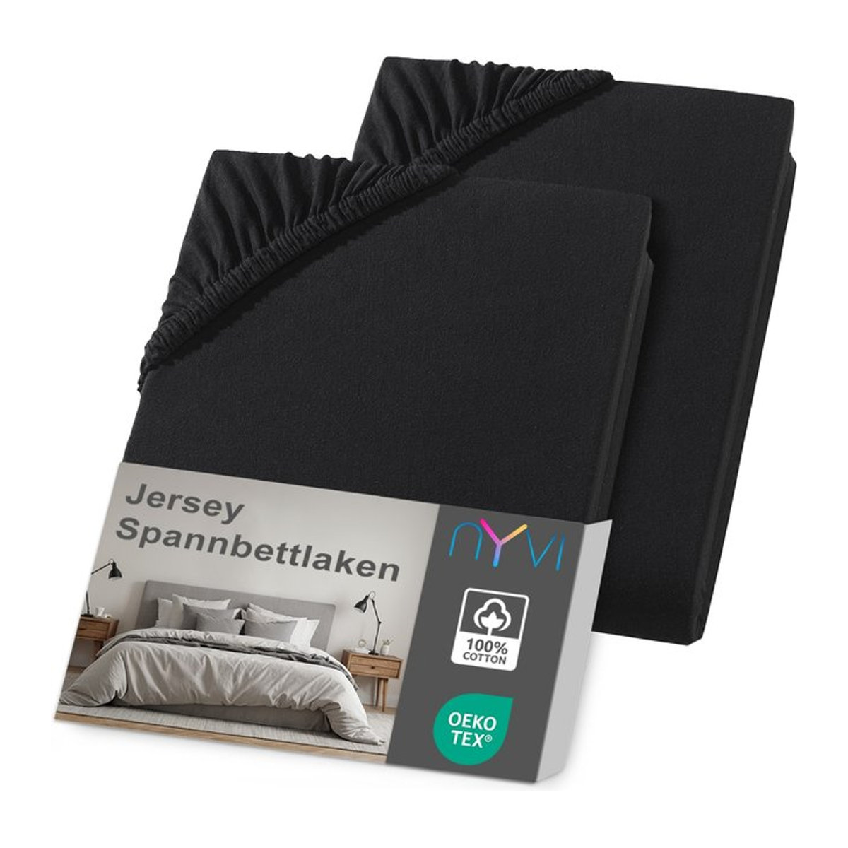 NYVI Jersey Spannbettlaken DreamScience, 2er Pack, Schwarz, B/T: 90 x 200 cm bis 100 x 200 cm, für Matratzen bis 22 cm Höhe - Bild 1
