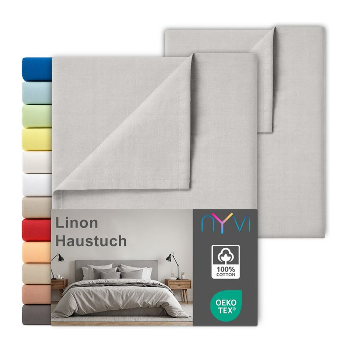 NYVI Linon Deluxe Bettlaken Set aus 100% atmungsaktiver Baumwolle ohne Gummizug, Silber, B: 240 cm x L: 260 cm, 2er Set - Bild 1