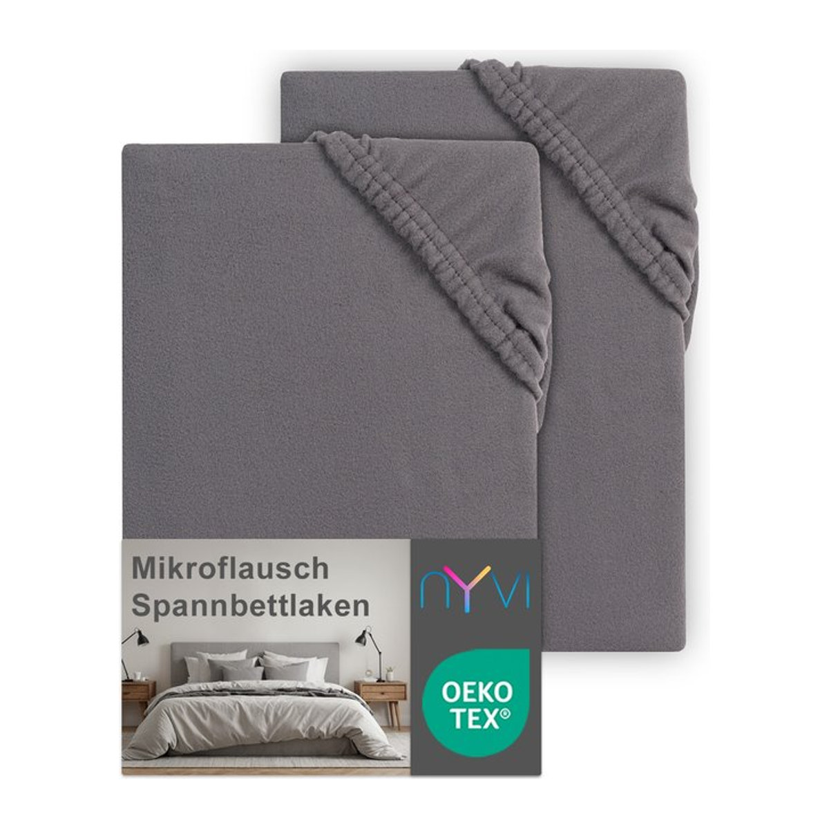 NYVI Spannbettlaken DreamScience Mikroflausch 2er Pack, grau, 90x200 - 100x200 cm - Bild 1
