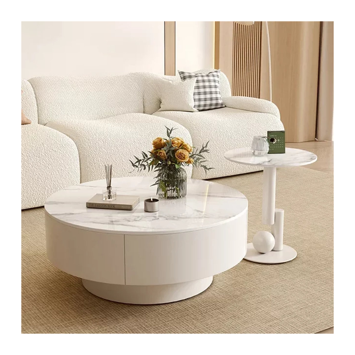 OAKCIA Couchtisch aus Marmor in Beige und Weiß, runder minimalistischer Design-Couchtisch - Bild 1