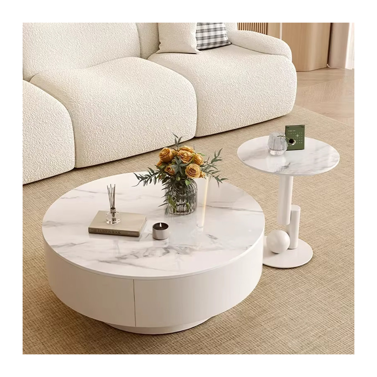 OAKCIA Couchtisch aus Marmor in Beige und Weiß, runder minimalistischer Design-Couchtisch - Bild 2