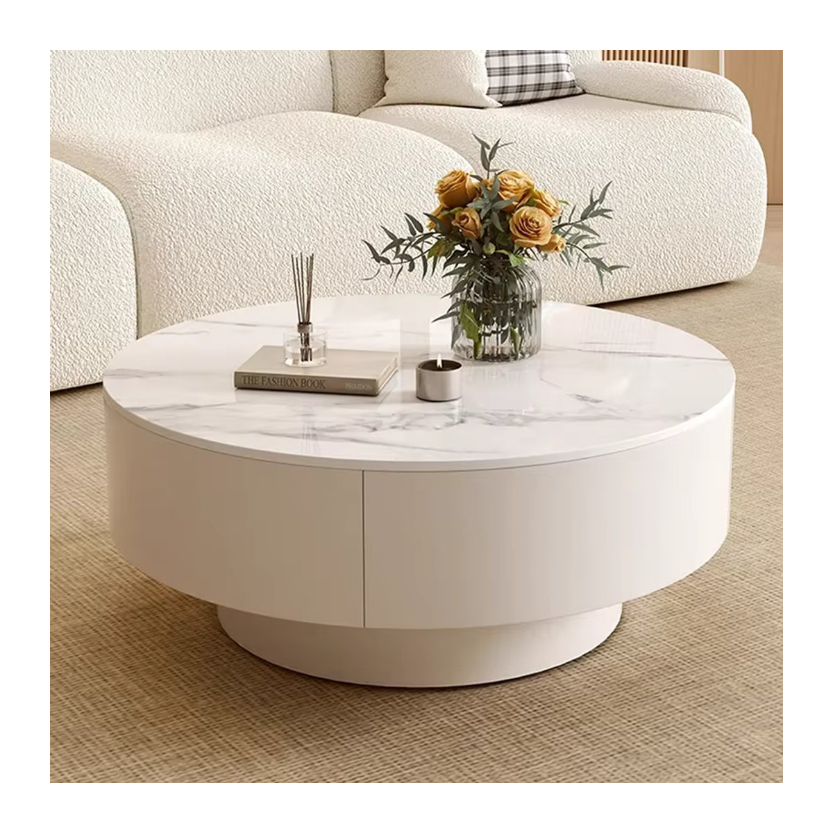 OAKCIA Couchtisch aus Marmor in Beige und Weiß, runder minimalistischer Design-Couchtisch - Bild 3