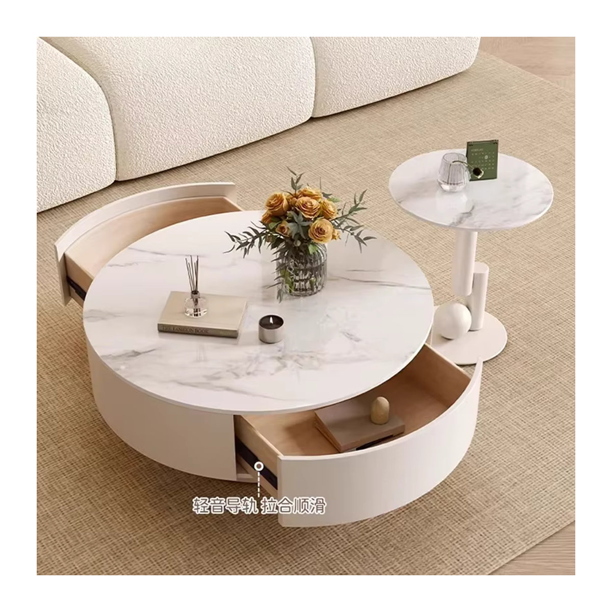 OAKCIA Couchtisch aus Marmor in Beige und Weiß, runder minimalistischer Design-Couchtisch - Bild 4
