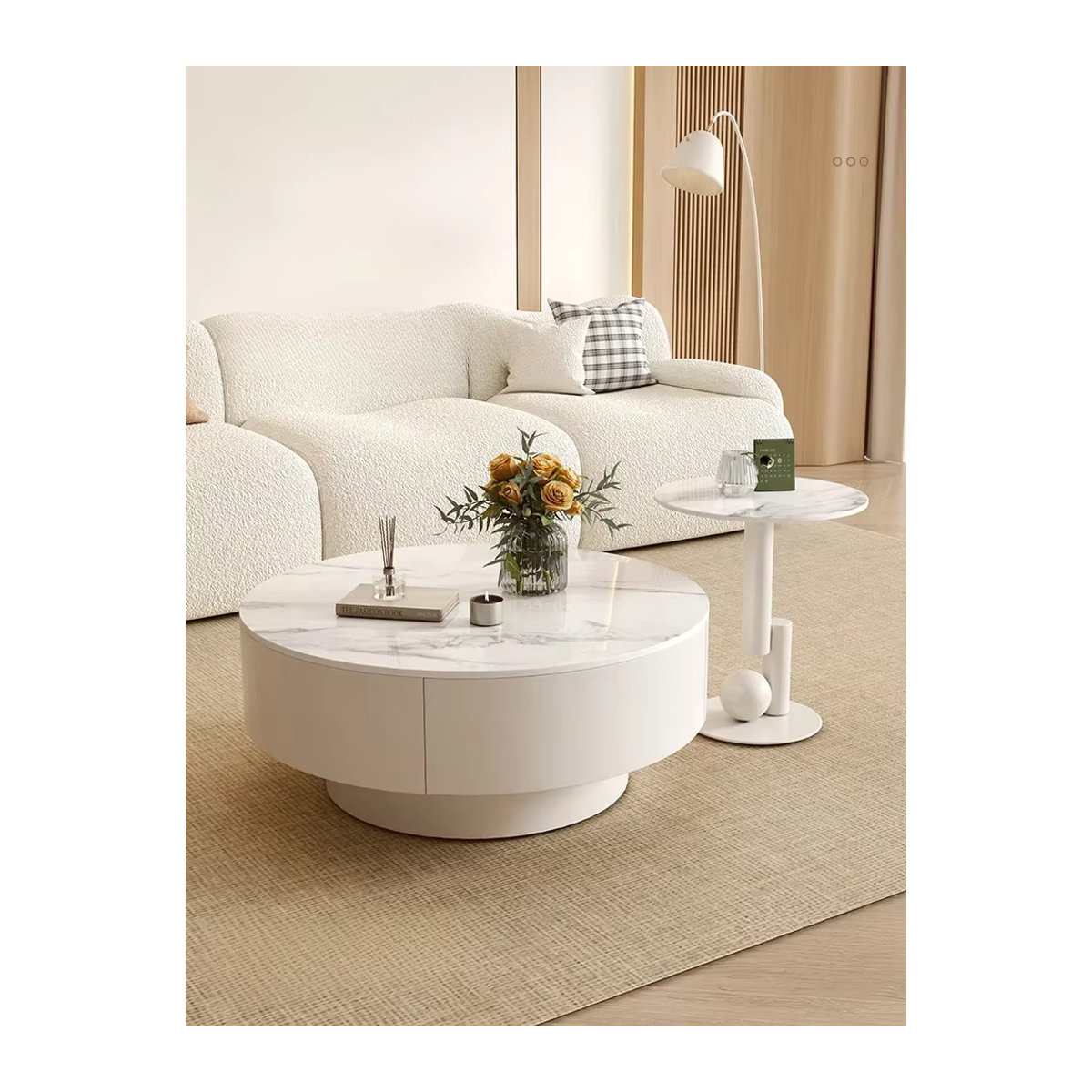 OAKCIA Couchtisch aus Marmor in Beige und Weiß, runder minimalistischer Design-Couchtisch - Bild 6