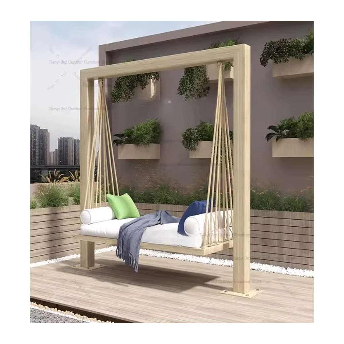 OAKCIA Hängematte Schaukel für Garten und Terrasse in Weiß mit minimalistischem Holzdesign - Bild 1