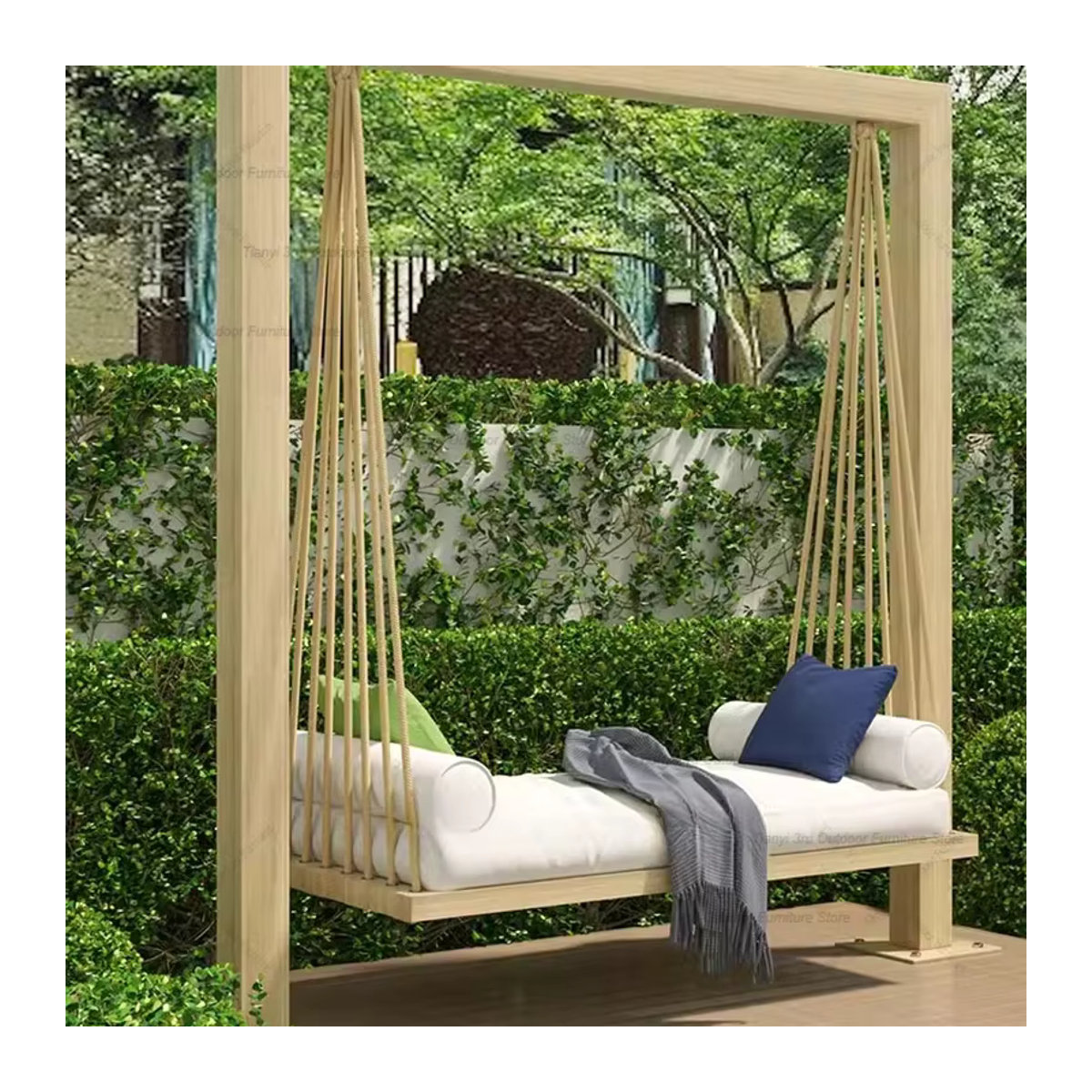 OAKCIA Hängematte Schaukel für Garten und Terrasse in Weiß mit minimalistischem Holzdesign - Bild 2