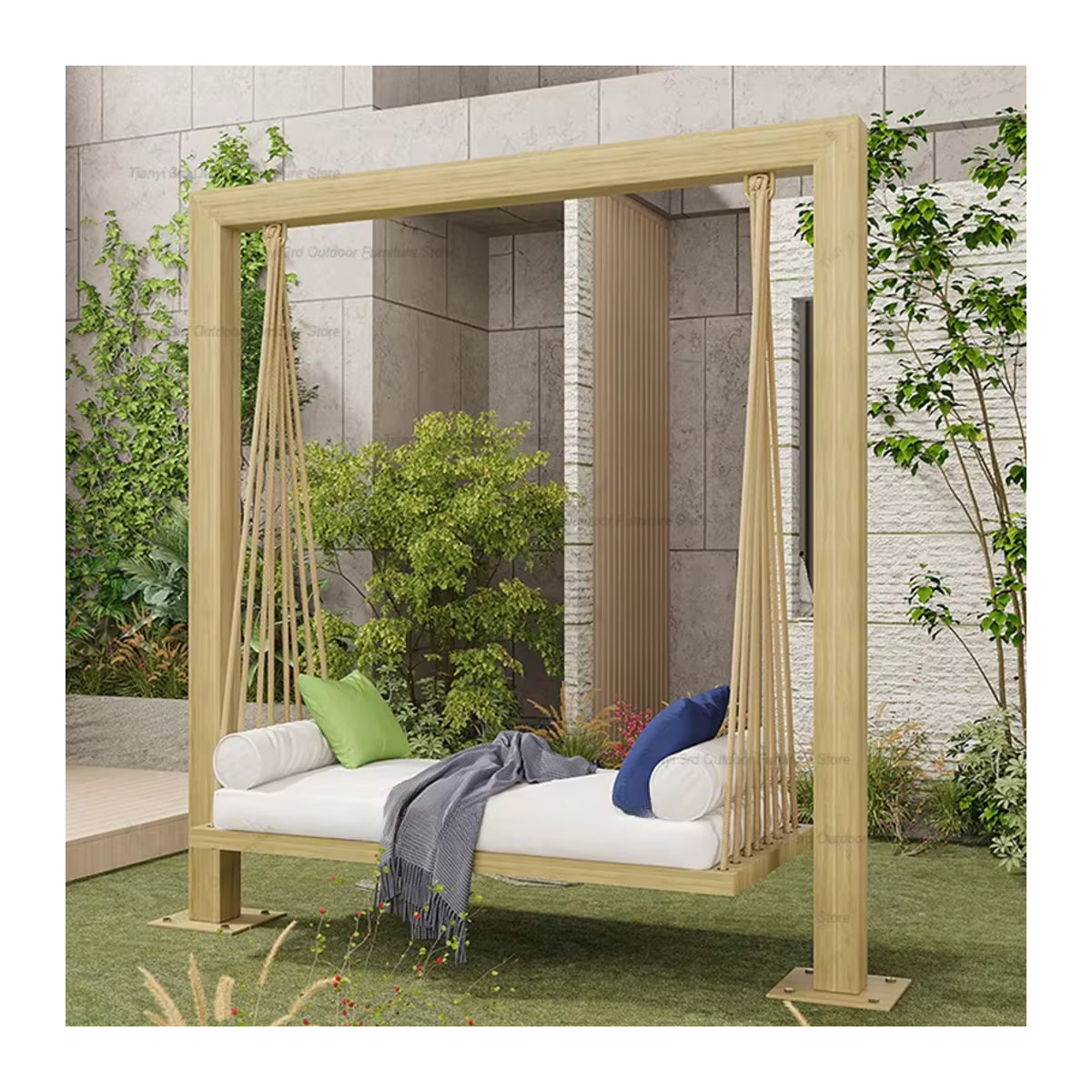 OAKCIA Hängematte Schaukel für Garten und Terrasse in Weiß mit minimalistischem Holzdesign - Bild 3