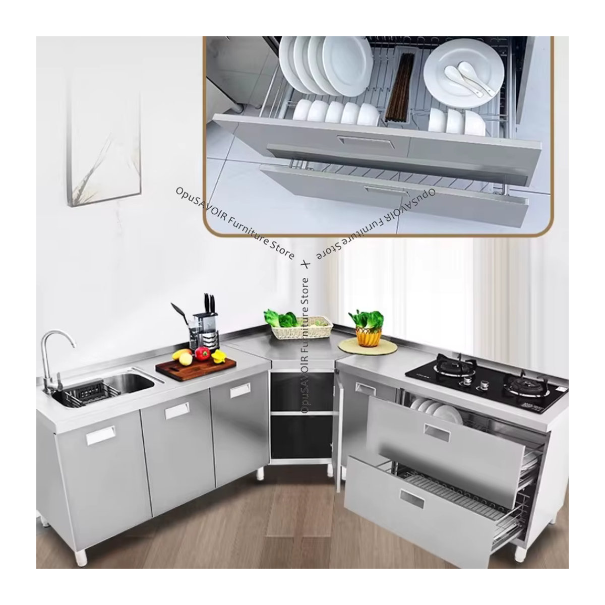 OAKCIA Küchenschrank aus Edelstahl 304 in Grau mit integriertem Küchenherd und Drehtüren im Landhausstil JT40 - Bild 2