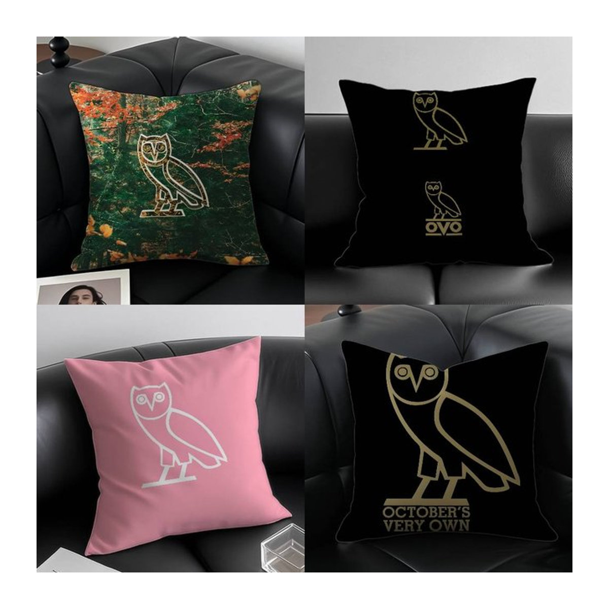 October's Very Own OVO Kissenbezug mit Eulen-Motiv in Schwarz aus seidigem Kurzplüsch mit Anti-Dustmite-Schutz und unsichtbarem Reißverschluss - Bild 1