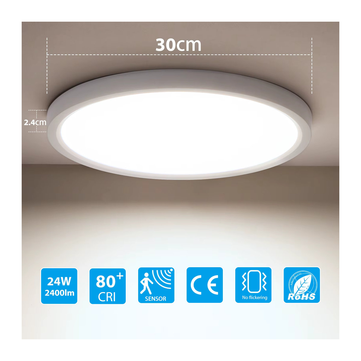 Oeegoo LED-Deckenlampe mit Bewegungssensor, 24 W, 2400 lm, Neutralweiß, Weiß, Ø 30 cm - Bild 2