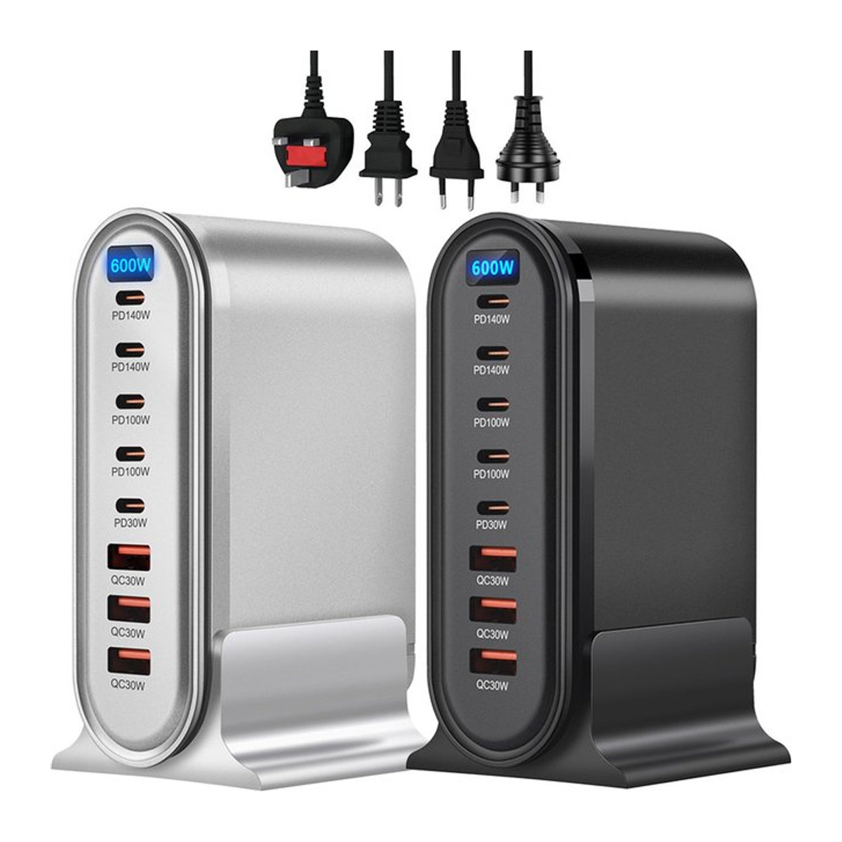 OEING GaN Desktop Schnellladestation mit 8 Ports und LED-Anzeige, 600 W USB C und 5C3A PD Adapter für iPhone, Samsung, Xiaomi und iPad, Weiß/Schwarz - Bild 1