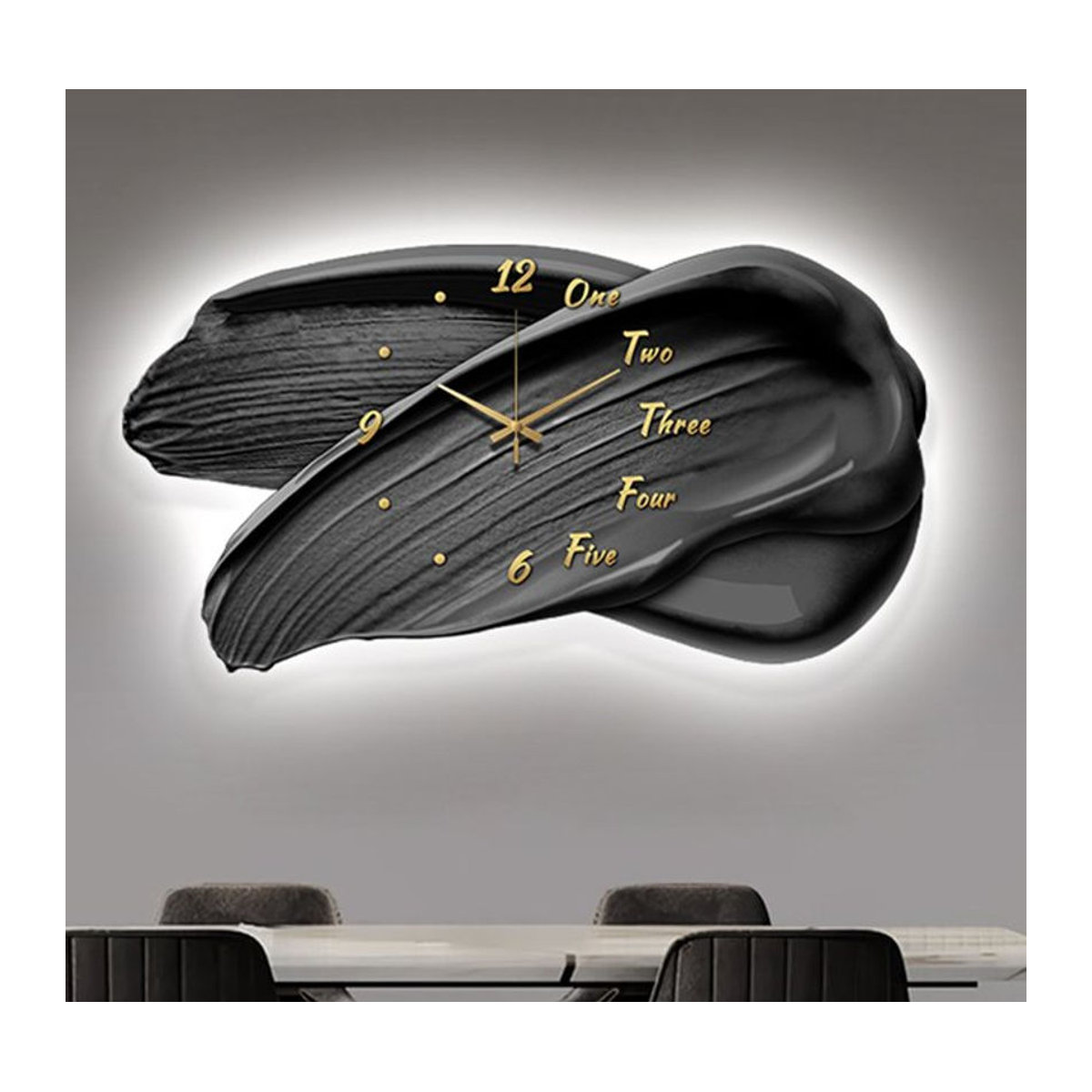 Oeny Moderne Wanduhr in Schwarz mit Beleuchtung und geräuschlosem Analog-Uhrwerk, abstrakte Wanddekoration in unregelmäßiger Form - Bild 1