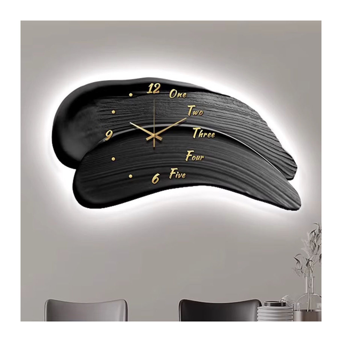 Oeny Moderne Wanduhr in Schwarz mit Beleuchtung und geräuschlosem Analog-Uhrwerk, abstrakte Wanddekoration in unregelmäßiger Form - Bild 3