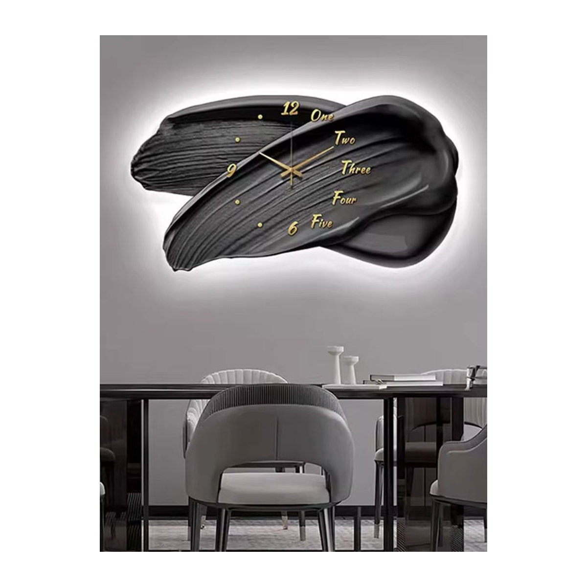 Oeny Moderne Wanduhr in Schwarz mit Beleuchtung und geräuschlosem Analog-Uhrwerk, abstrakte Wanddekoration in unregelmäßiger Form - Bild 6