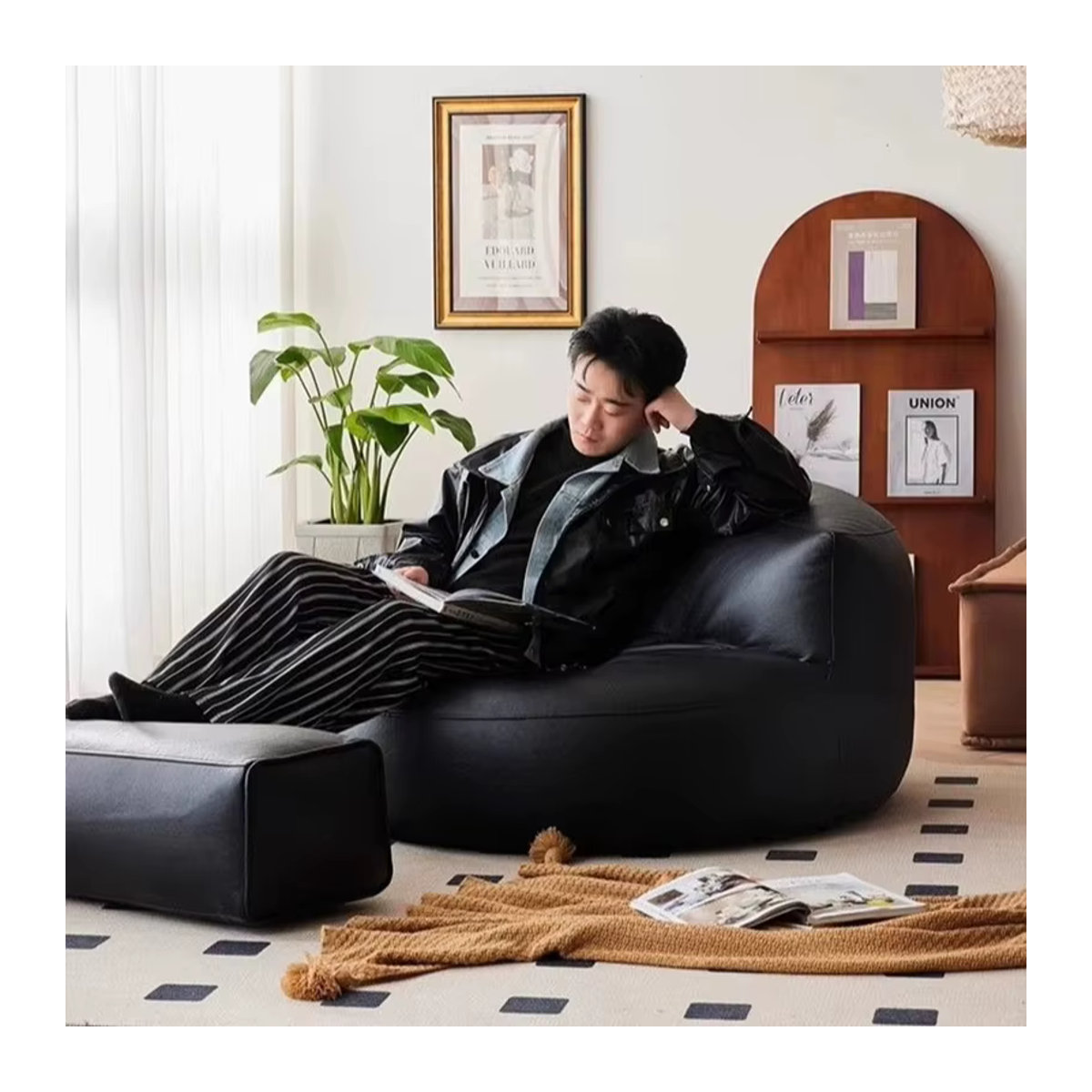 Oeny Modernes Lazy Sofa Einzelsofa aus Kunstleder als Sitzsack im Tatami-Design in Beige oder Schwarz - Bild 3