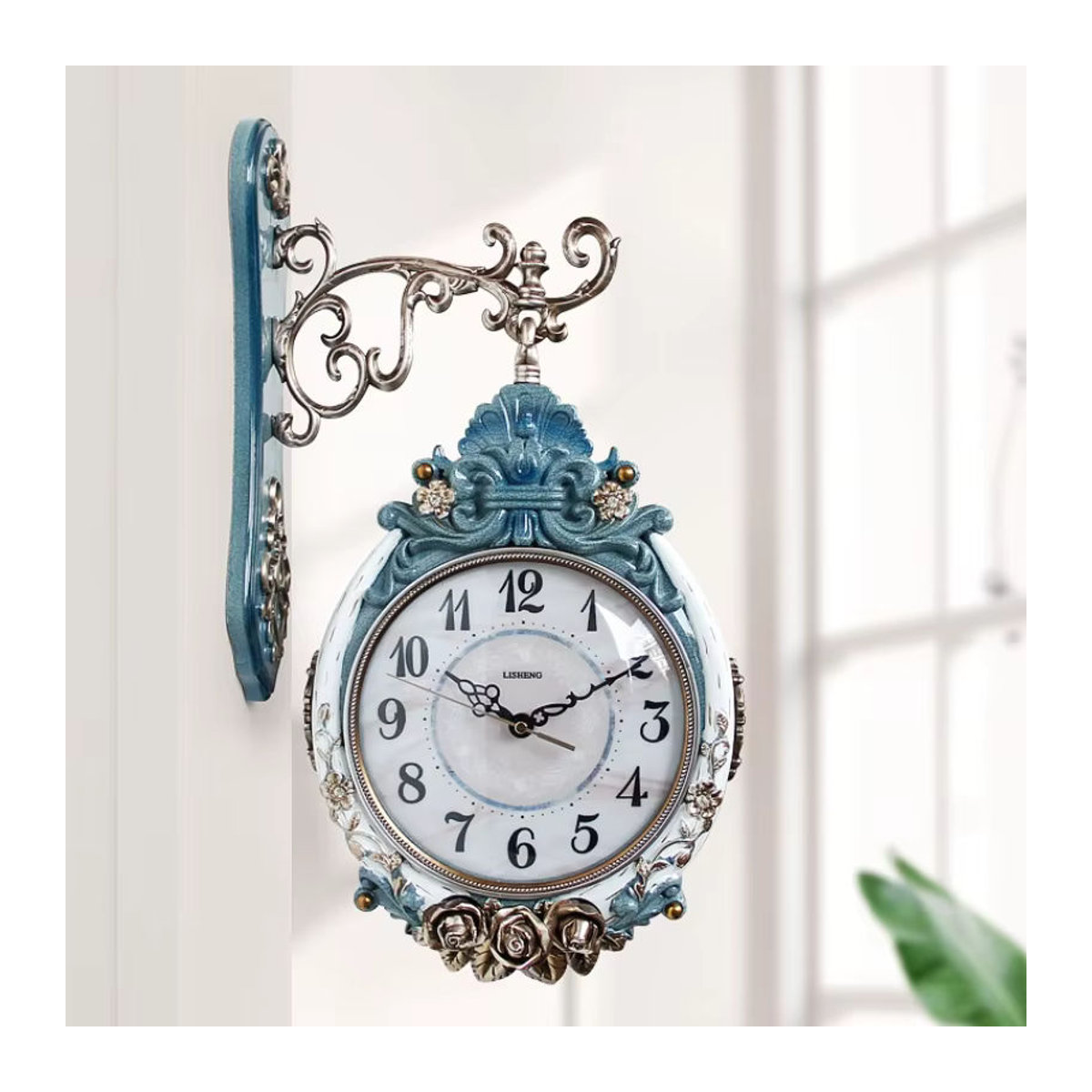 Oeny Vintage Wanduhr Analog Rund mit Floralem Design in Blau und Weiß, Geräuschlose Kunstdeko aus Kunststoff und Kunstharz - Bild 2