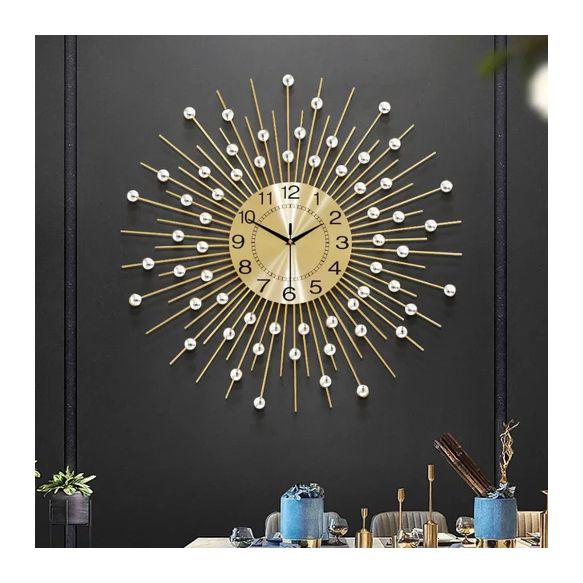 Oeny Wanduhr aus Metall in Gold, moderne runde Analog-Uhr mit geometrischem Design, geräuschlos für Wohnzimmer und Dekoration, Durchmesser: 70 cm - Bild 1
