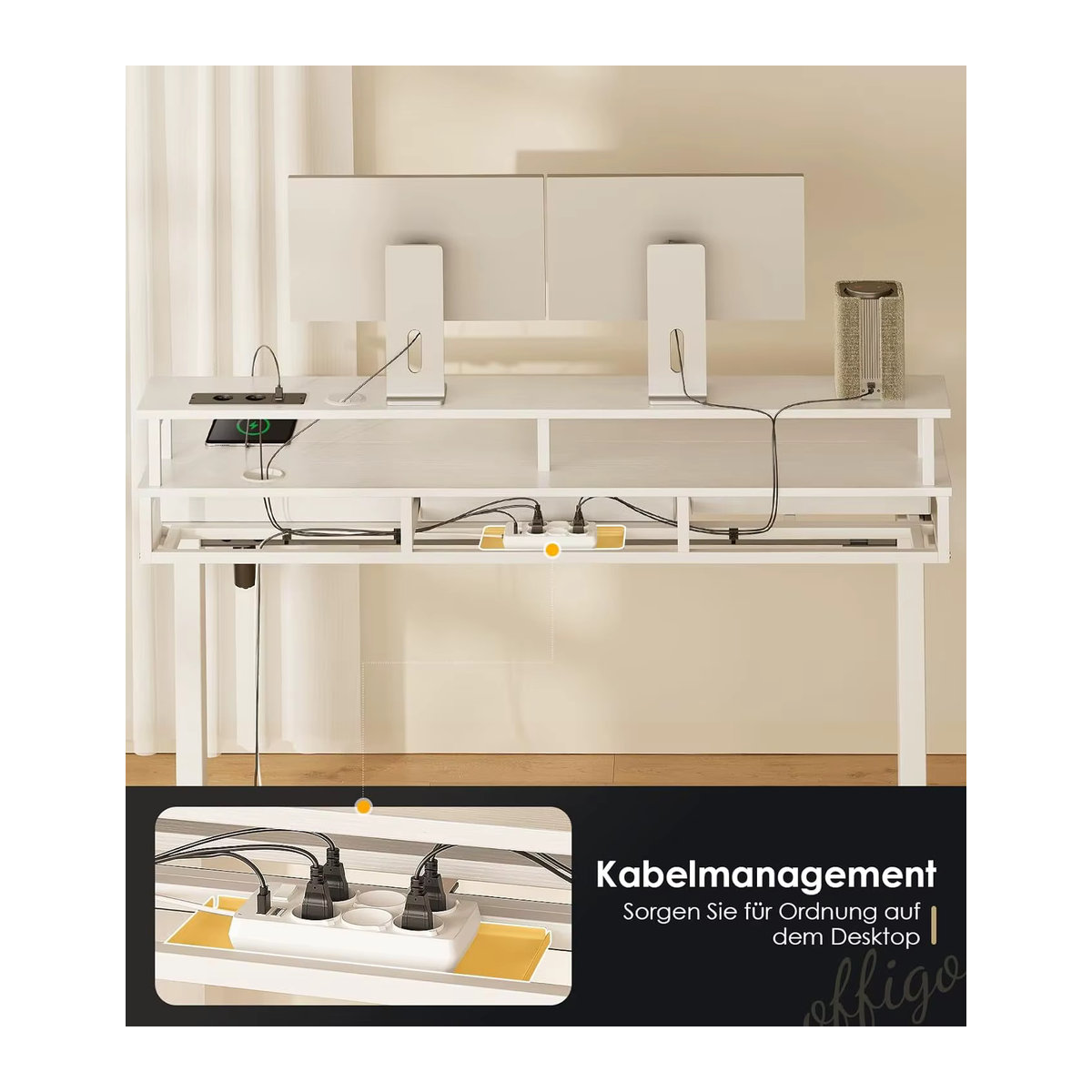 OffiGo Elektrischer Schreibtisch mit Schubladen und Monitorständer, Weiß, Breite: 120 cm - Bild 2
