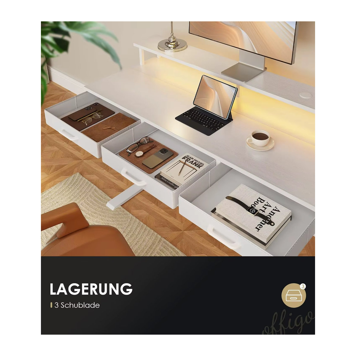 OffiGo Elektrischer Schreibtisch mit Schubladen und Monitorständer, Weiß, Breite: 120 cm - Bild 3