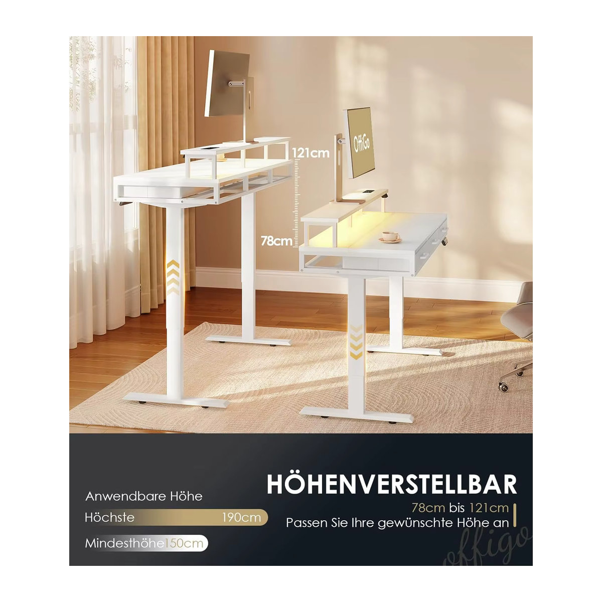 OffiGo Elektrischer Schreibtisch mit Schubladen und Monitorständer, Weiß, Breite: 120 cm - Bild 5