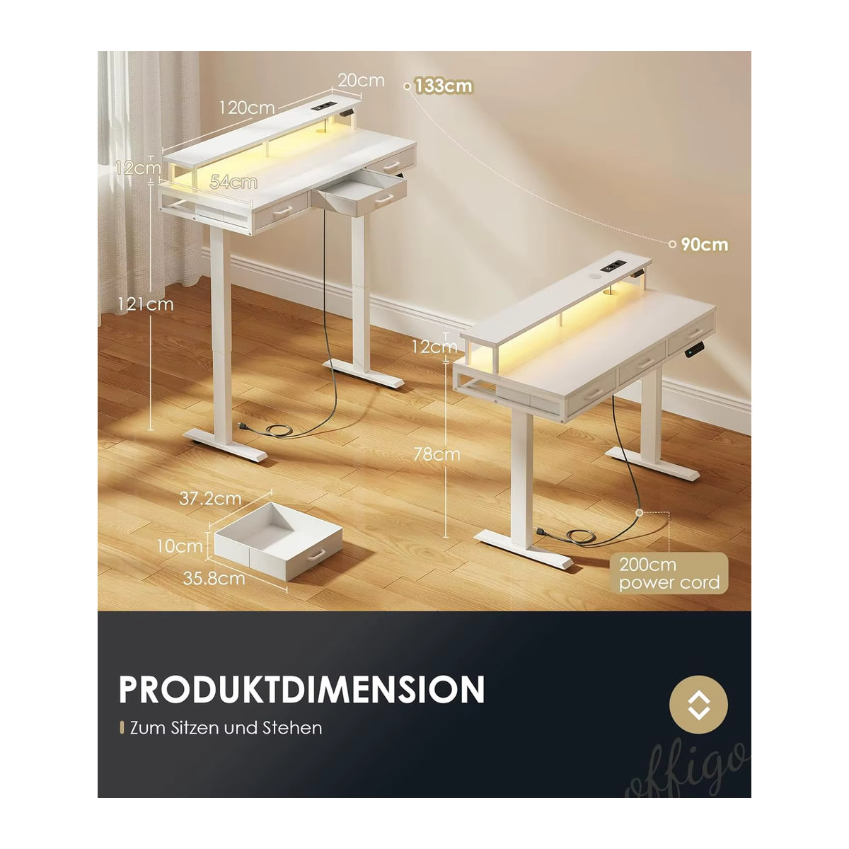 OffiGo Elektrischer Schreibtisch mit Schubladen und Monitorständer, Weiß, Breite: 120 cm - Bild 6