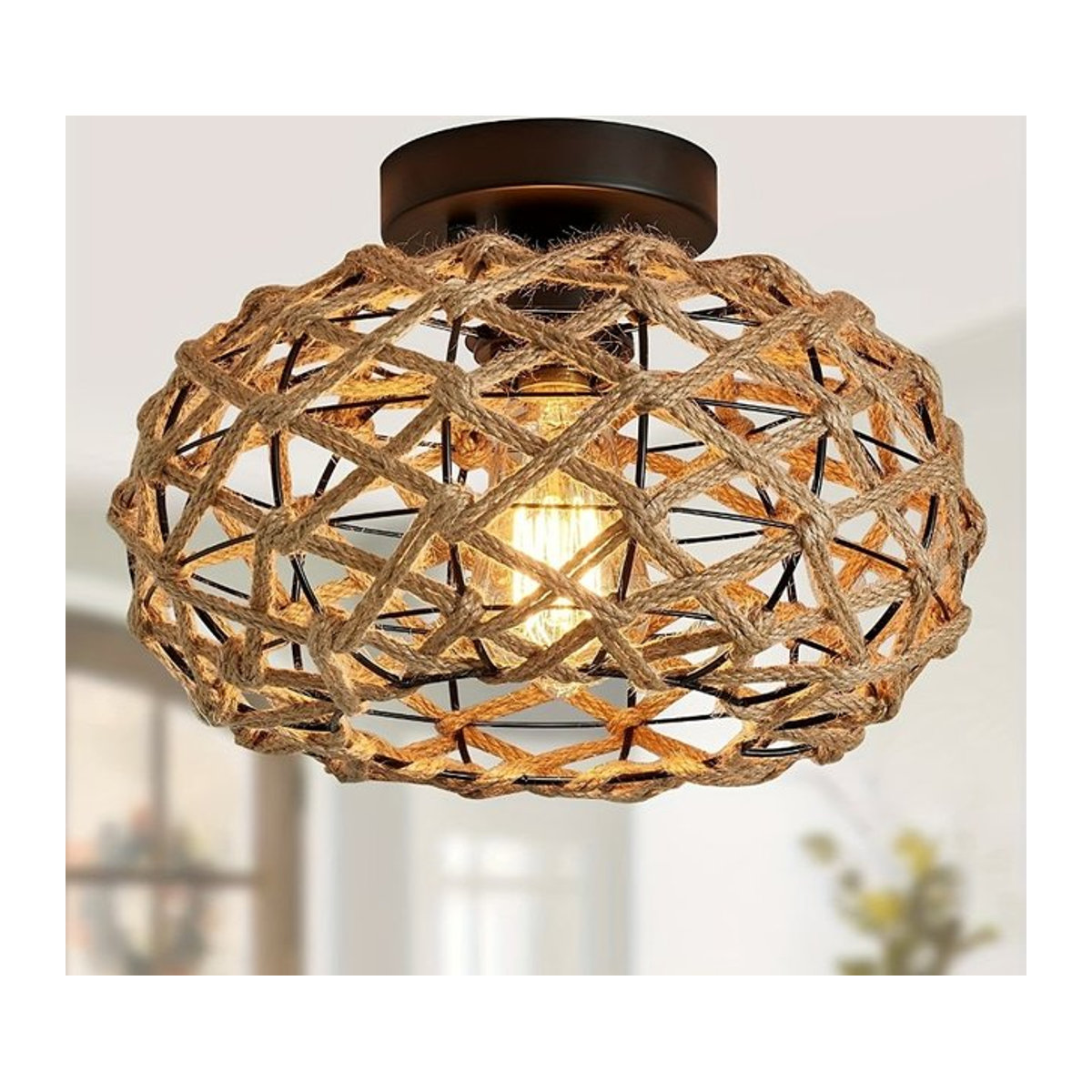 Oho chic Retro Deckenlampe aus Hanfseil, Rattan und Weide in Braun - Bild 1