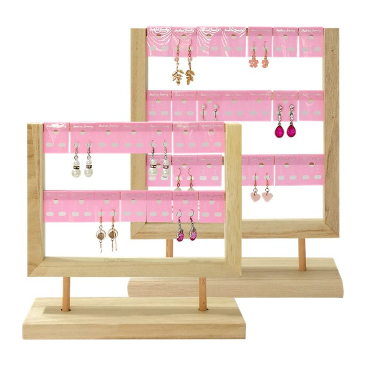 Ohrringständer aus Holz in Rosa und Braun als minimalistischer Organizer mit Sockel für Nieten, Hänger und Karten - Bild 1