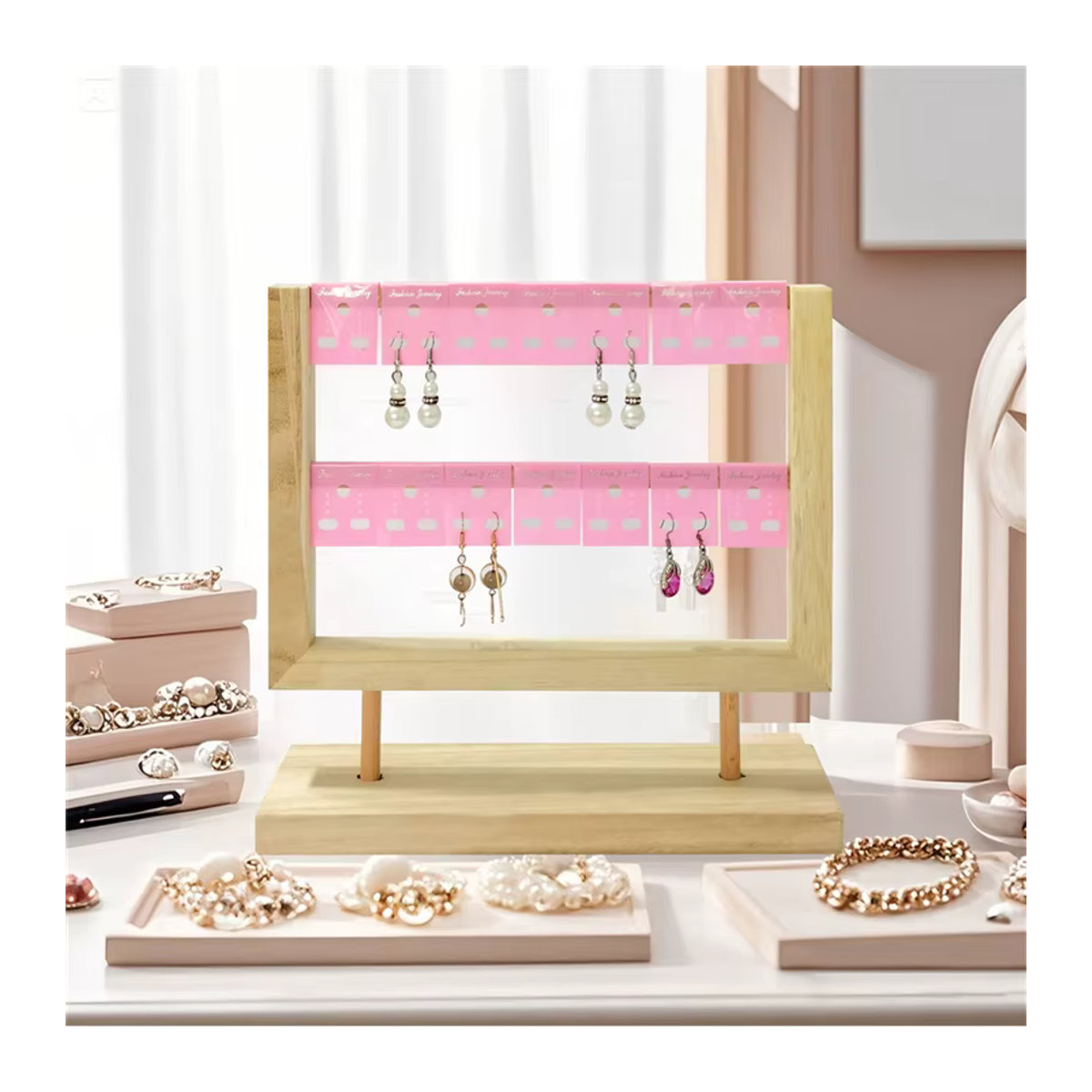 Ohrringständer aus Holz in Rosa und Braun als minimalistischer Organizer mit Sockel für Nieten, Hänger und Karten - Bild 3