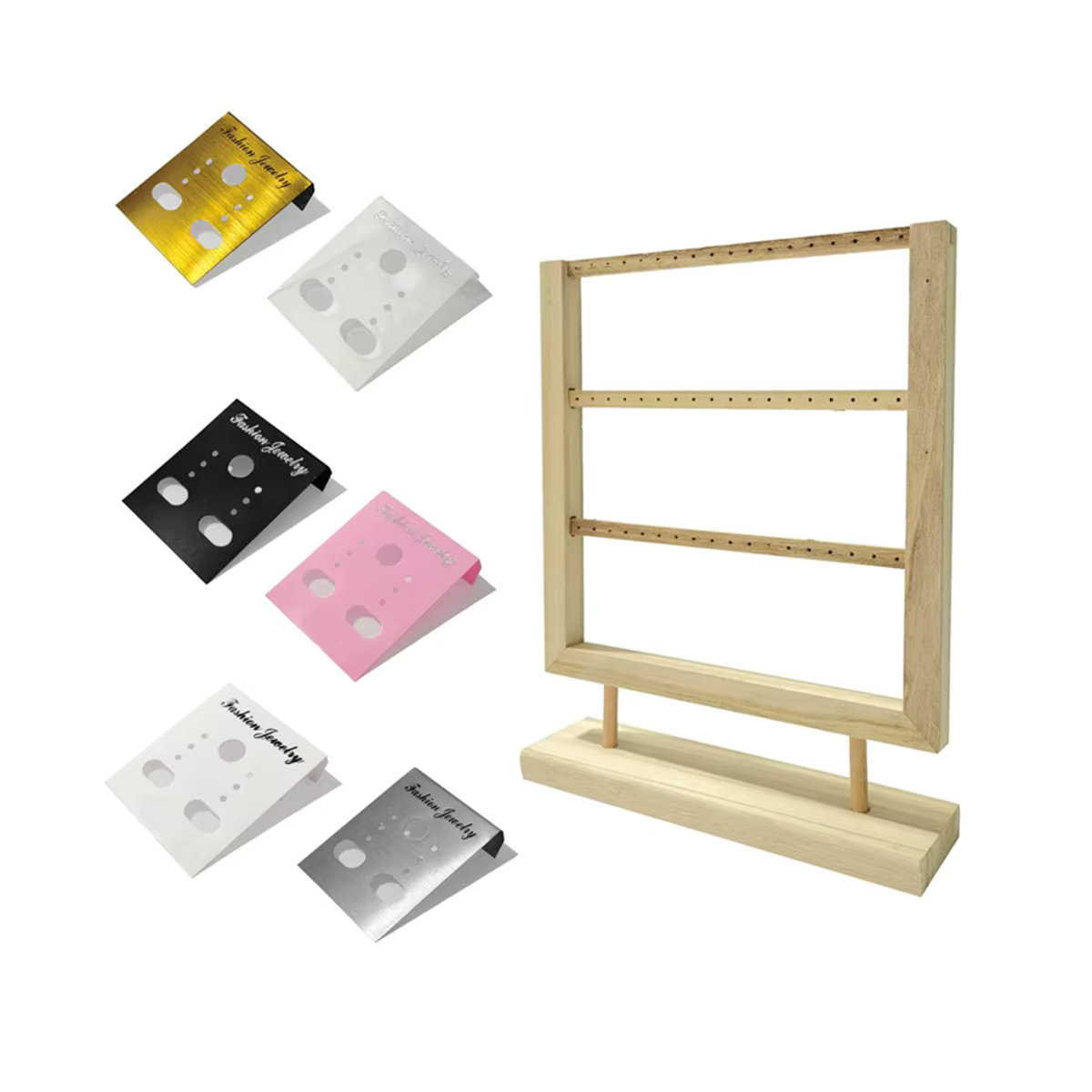 Ohrringständer aus Holz in Rosa und Braun als minimalistischer Organizer mit Sockel für Nieten, Hänger und Karten - Bild 4