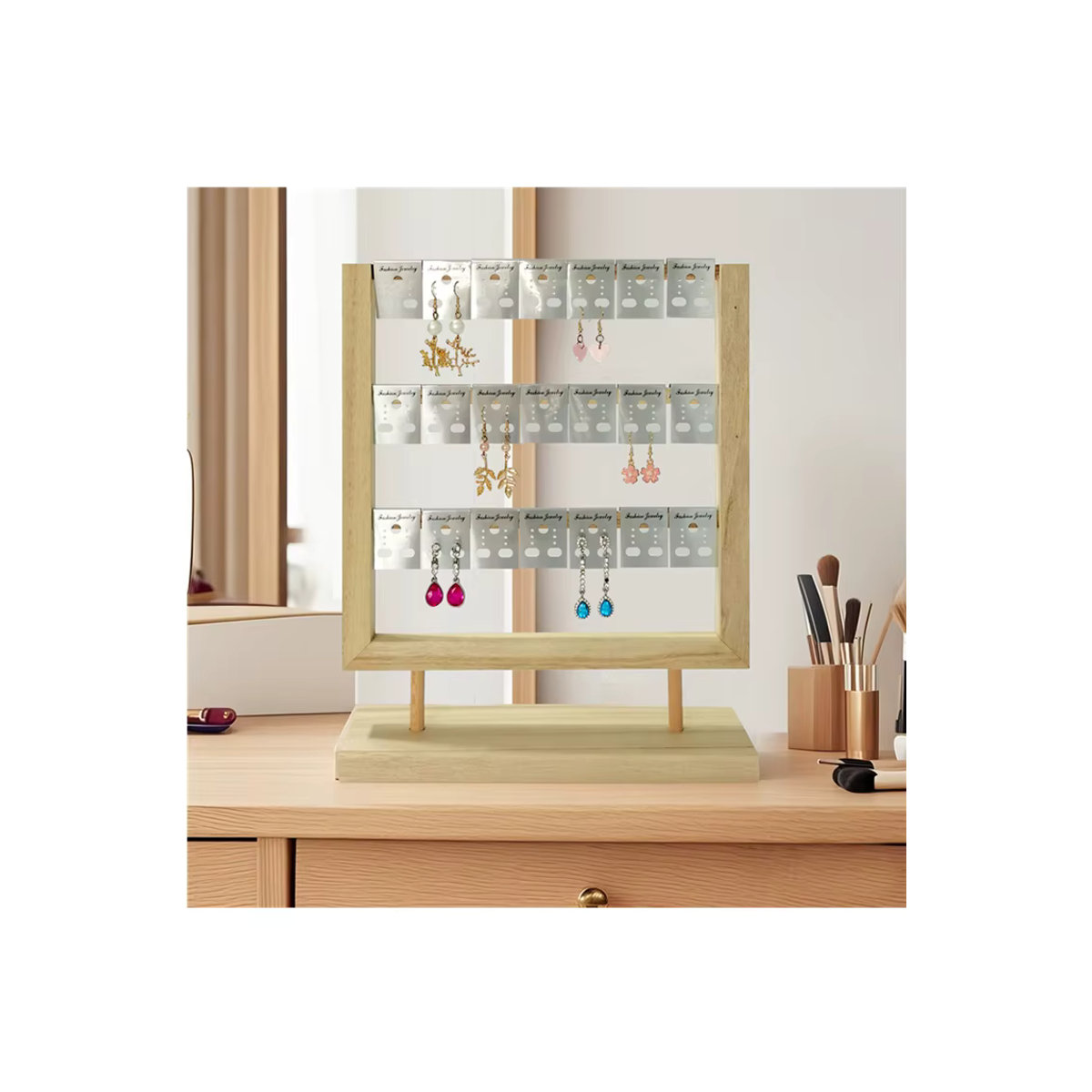 Ohrringständer aus Holz in Rosa und Braun als minimalistischer Organizer mit Sockel für Nieten, Hänger und Karten - Bild 5
