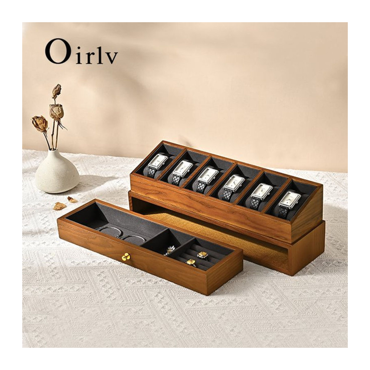 Oirlv Massivholz-Uhrenbox mit 6 Fächern und doppelschichtiger Schublade, Schmuck-Präsentationsbox und Uhren-Organizer in Braun oder Grau - Bild 1