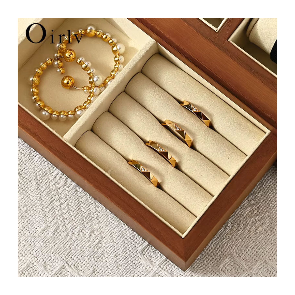 Oirlv Massivholz-Uhrenbox mit 6 Fächern und doppelschichtiger Schublade, Schmuck-Präsentationsbox und Uhren-Organizer in Braun oder Grau - Bild 2