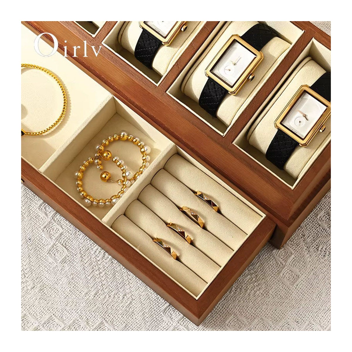 Oirlv Massivholz-Uhrenbox mit 6 Fächern und doppelschichtiger Schublade, Schmuck-Präsentationsbox und Uhren-Organizer in Braun oder Grau - Bild 4