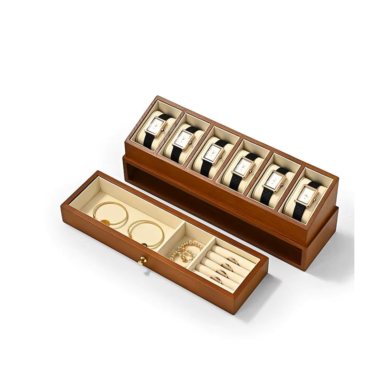 Oirlv Massivholz-Uhrenbox mit 6 Fächern und doppelschichtiger Schublade, Schmuck-Präsentationsbox und Uhren-Organizer in Braun oder Grau - Bild 5