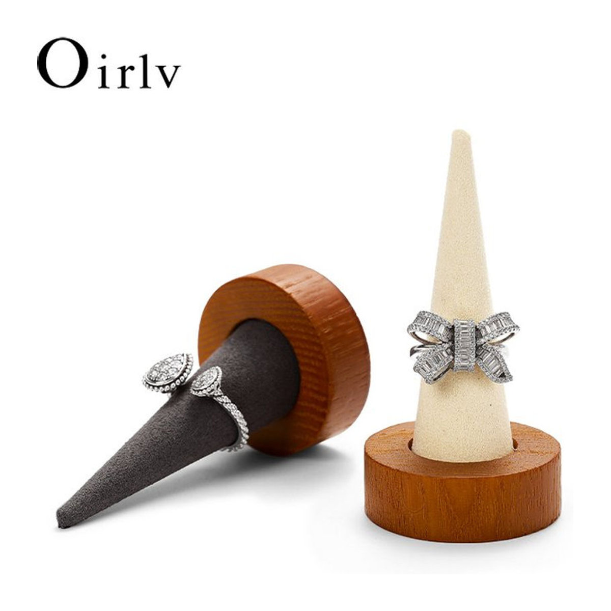 Oirlv Ringhalter aus Holz in Braun und Grau, kegelförmiger Ringständer und geometrisches Ornament zur Aufbewahrung von Ringen - Bild 1