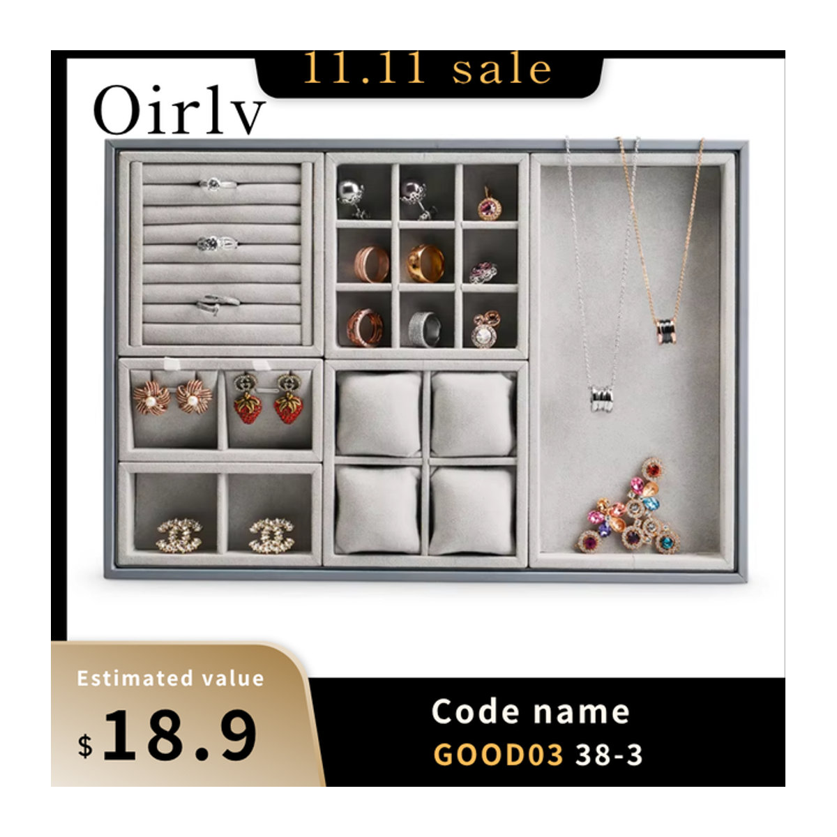 Oirlv Schmuck-Display-Organizer aus Mikrofaser in Grau für Ringe, Halsketten und Armbänder - Bild 1