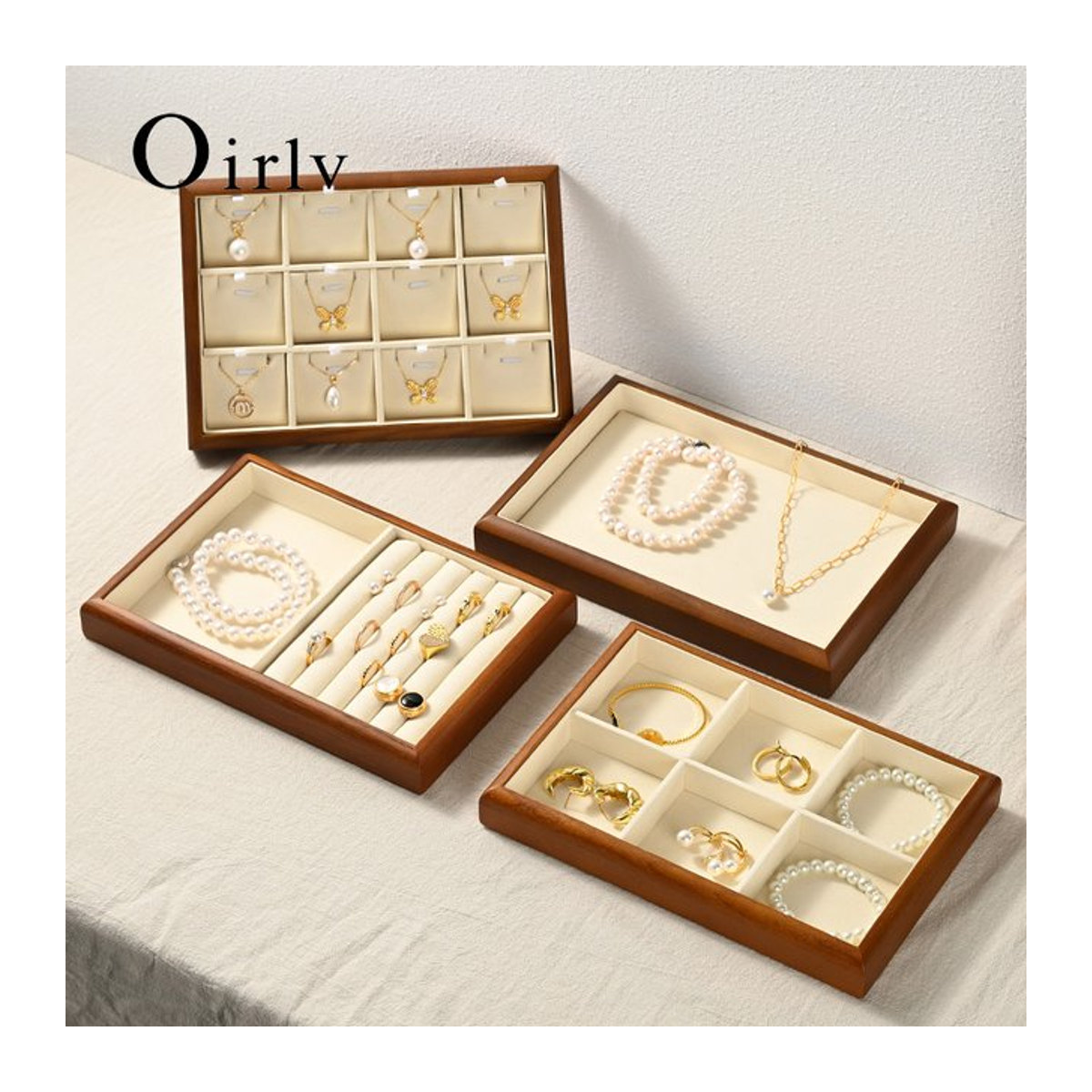 Oirlv Schmuck-Organizer aus Holz in Braun und Beige, minimalistisches Aufbewahrungstablett für Ringe, Halsketten, Armbänder und Ohrringe - Bild 1