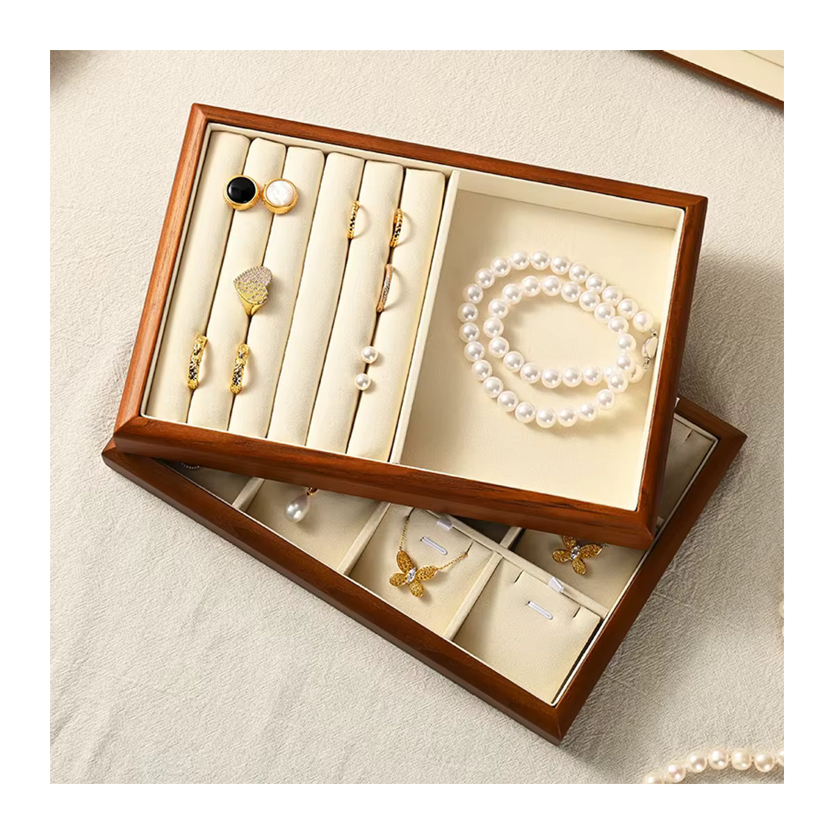 Oirlv Schmuck-Organizer aus Holz in Braun und Beige, minimalistisches Aufbewahrungstablett für Ringe, Halsketten, Armbänder und Ohrringe - Bild 4