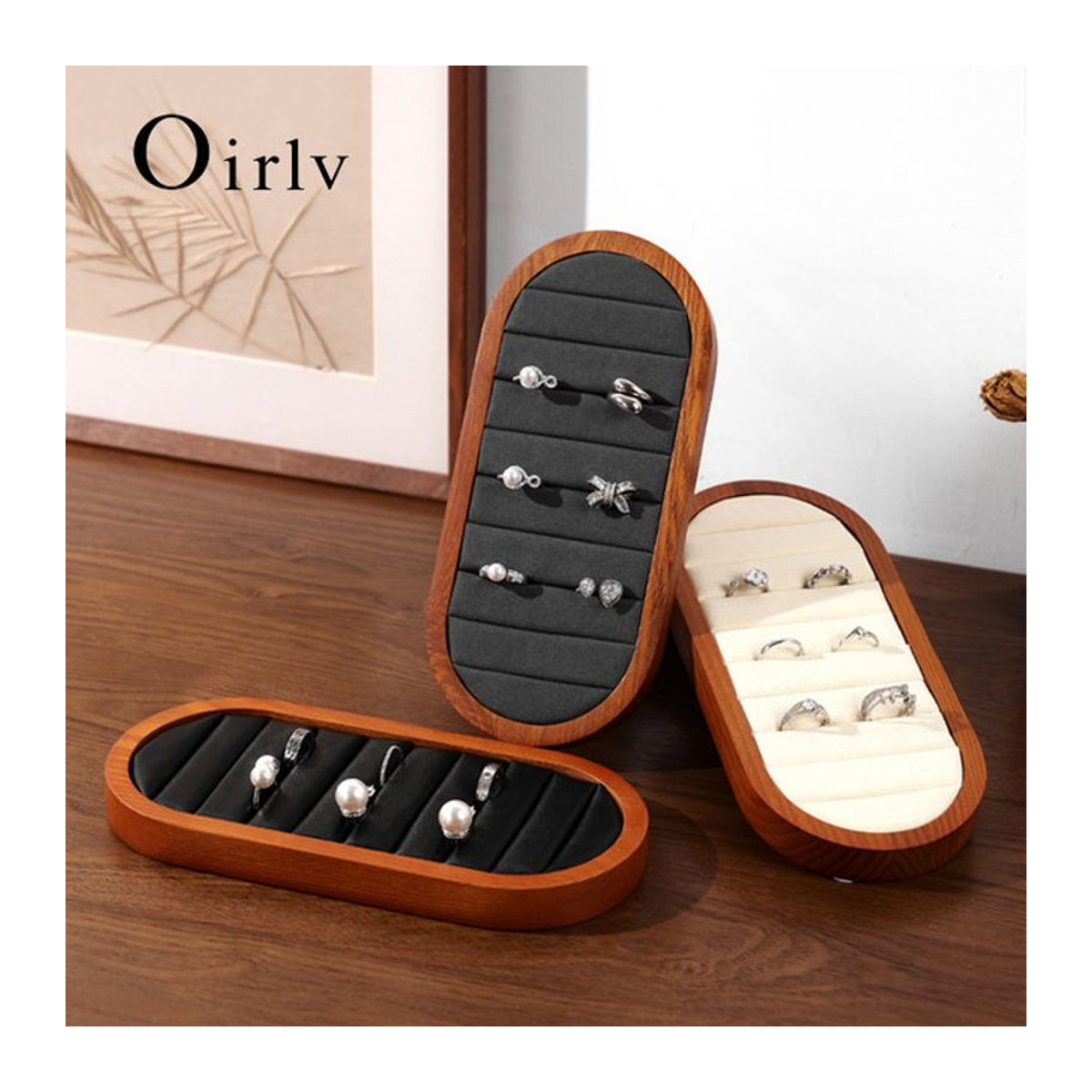 Oirlv Schmuckdisplay aus Holz und Mikrofaser für Ringe, ovaler Organizer in Schwarz oder Braun - Bild 1
