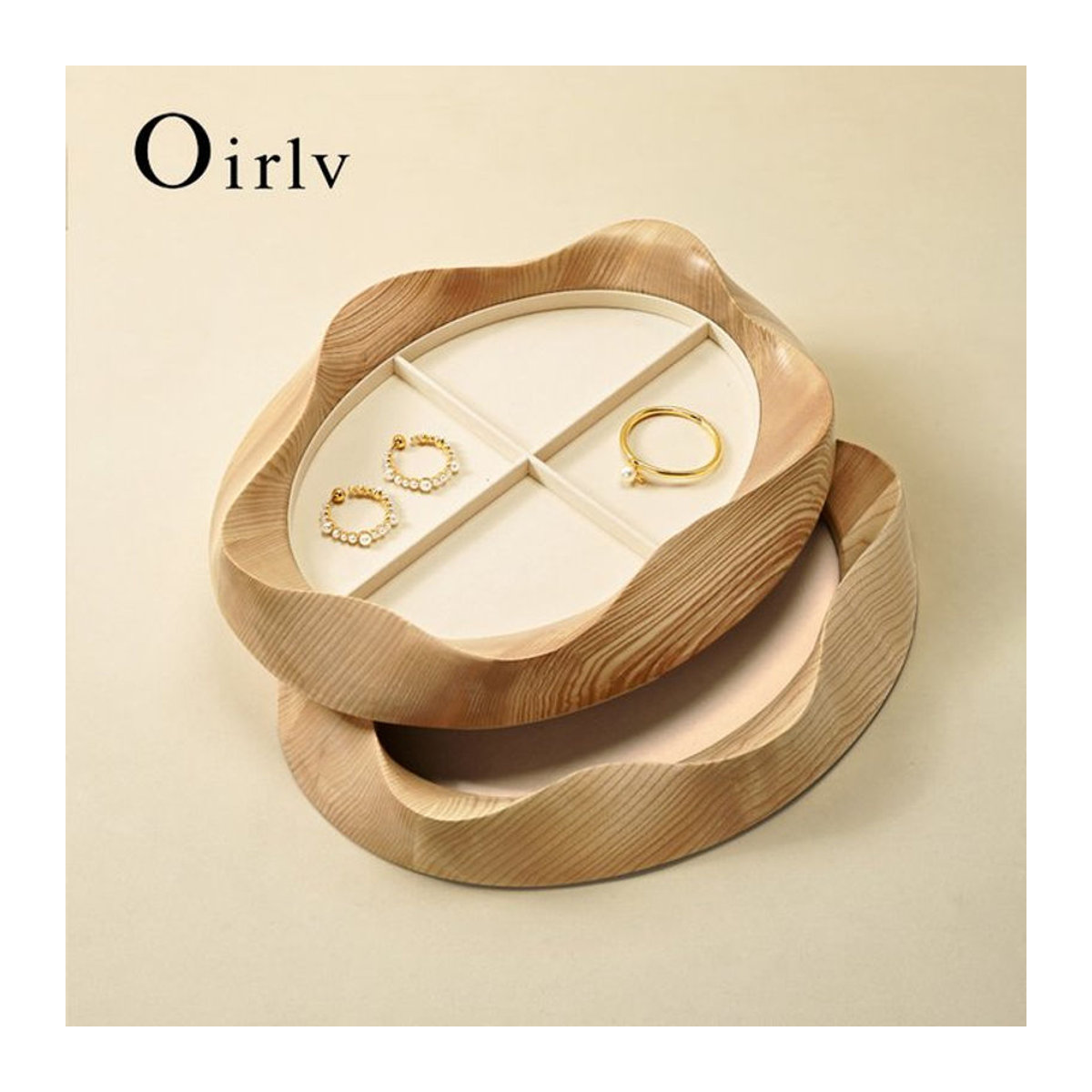 Oirlv Schmucktablett aus Holz in Blütenblattform, braun, Schmuck-Organizer für Ringe, Perlenketten, Ohrringe und Armbänder - Bild 1