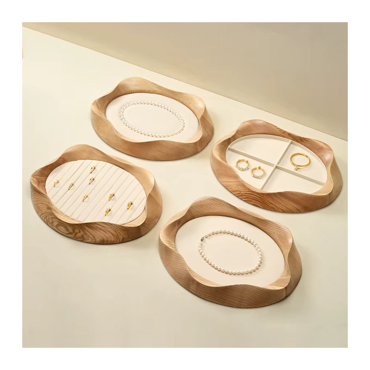 Oirlv Schmucktablett aus Holz in Blütenblattform, braun, Schmuck-Organizer für Ringe, Perlenketten, Ohrringe und Armbänder - Bild 3