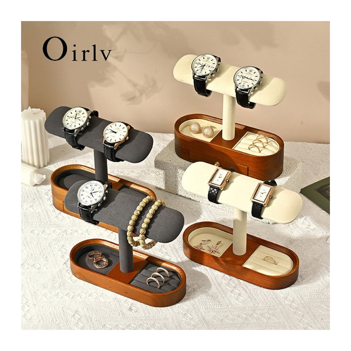 Oirlv T-Bar Uhrenregal aus Holz als Schmuck-Organizer und Uhrenhalter in Braun oder Beige - Bild 1