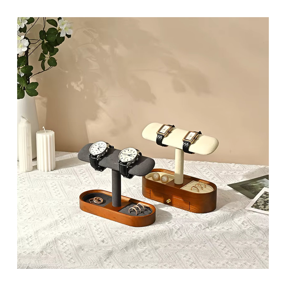 Oirlv T-Bar Uhrenregal aus Holz als Schmuck-Organizer und Uhrenhalter in Braun oder Beige - Bild 2