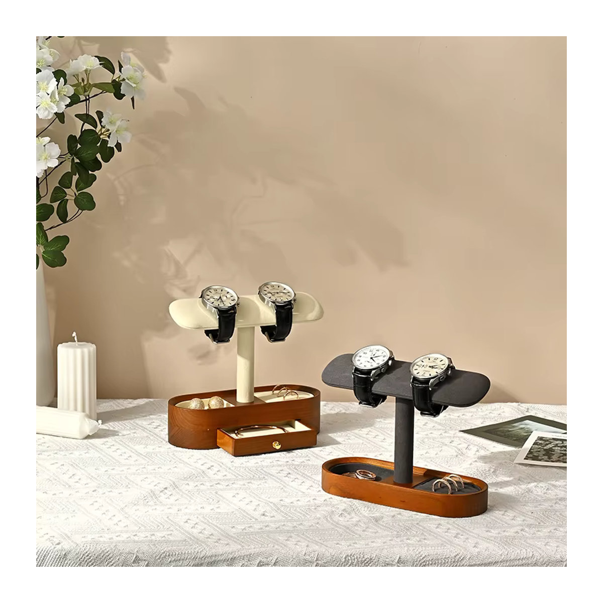 Oirlv T-Bar Uhrenregal aus Holz als Schmuck-Organizer und Uhrenhalter in Braun oder Beige - Bild 3